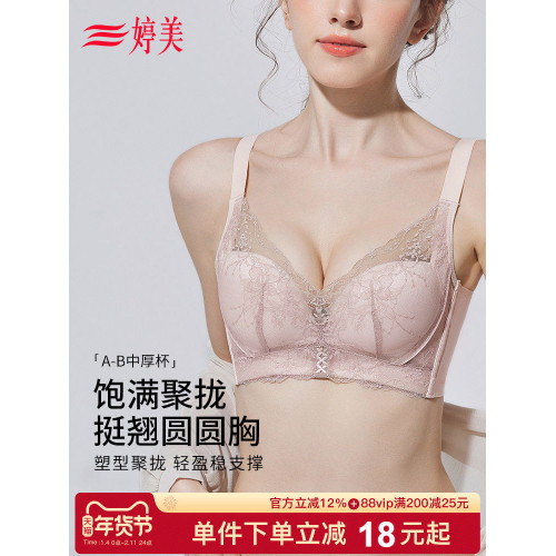婷美2026新款蕾絲小胸提拉聚攏文胸調整型收副乳防下垂無鋼圈內衣