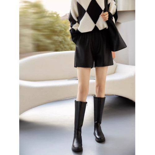 海甯真皮短褲濶腿褲寬鬆直筒外穿休閒顯瘦2025秋冬百搭女美拉德色