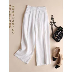 意大利出口尾貨剪標女清倉高腰亞麻直筒九分褲休閒棉麻濶腿褲