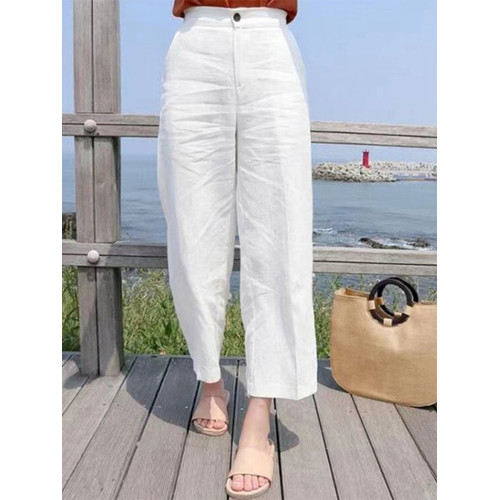 意大利出口尾貨剪標女清倉高腰亞麻直筒九分褲休閒棉麻濶腿褲