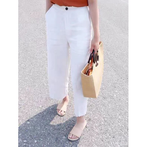 意大利出口尾貨剪標女清倉高腰亞麻直筒九分褲休閒棉麻濶腿褲