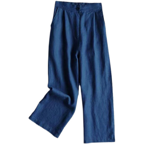 意大利出口尾貨剪標女清倉高腰亞麻直筒九分褲休閒棉麻濶腿褲