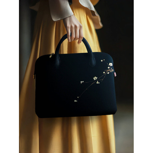 無香原創自製 古風手工純手繪布藝天絲麻手提包國風中式電腦包黑色公文包手拎包14寸15寸16寸