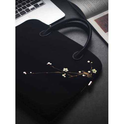 無香原創自製 古風手工純手繪布藝天絲麻手提包國風中式電腦包黑色公文包手拎包14寸15寸16寸