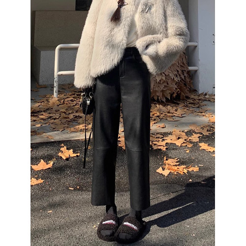 150小個子仿真柔軟小羊皮褲女新款145八分顯高直筒顯瘦PU皮休閒褲