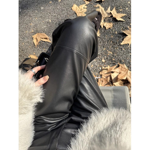 150小個子仿真柔軟小羊皮褲女新款145八分顯高直筒顯瘦PU皮休閒褲