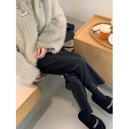 150小個子仿真柔軟小羊皮褲女新款145八分顯高直筒顯瘦PU皮休閒褲