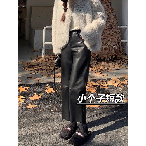 150小個子仿真柔軟小羊皮褲女新款145八分顯高直筒顯瘦PU皮休閒褲