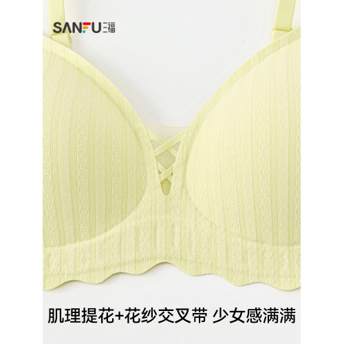 三福薄B杯無鋼圈聚攏文胸 簡約少女無感肌理提花內衣女503553