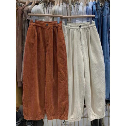 2023秋冬新款加絨加厚燈芯絨褲子女寬鬆高腰顯瘦條絨濶腿燈籠長褲