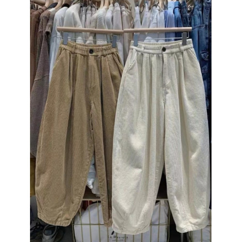 2023秋冬新款加絨加厚燈芯絨褲子女寬鬆高腰顯瘦條絨濶腿燈籠長褲