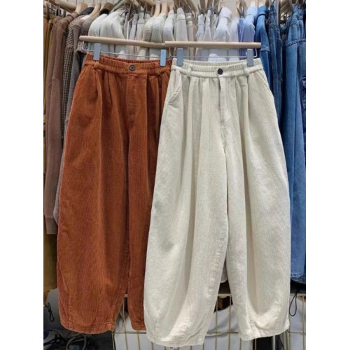 2023秋冬新款加絨加厚燈芯絨褲子女寬鬆高腰顯瘦條絨濶腿燈籠長褲