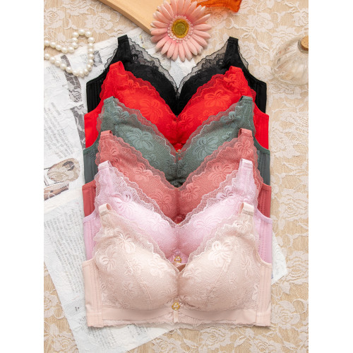 秋冬大紅色蕾絲內衣女小胸聚攏上托薄款蕾絲收副乳無鋼圈中厚文胸