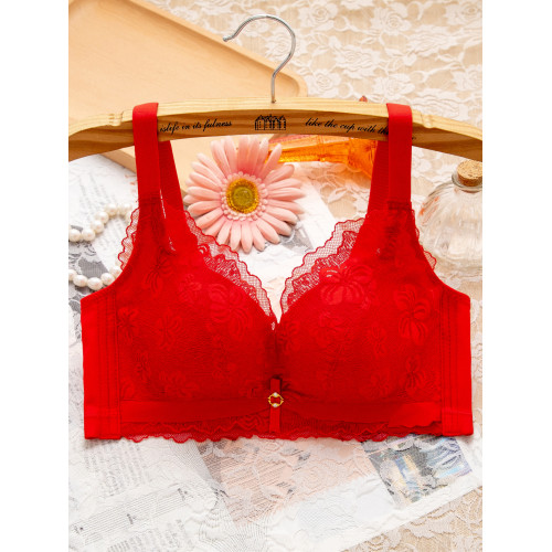 秋冬大紅色蕾絲內衣女小胸聚攏上托薄款蕾絲收副乳無鋼圈中厚文胸