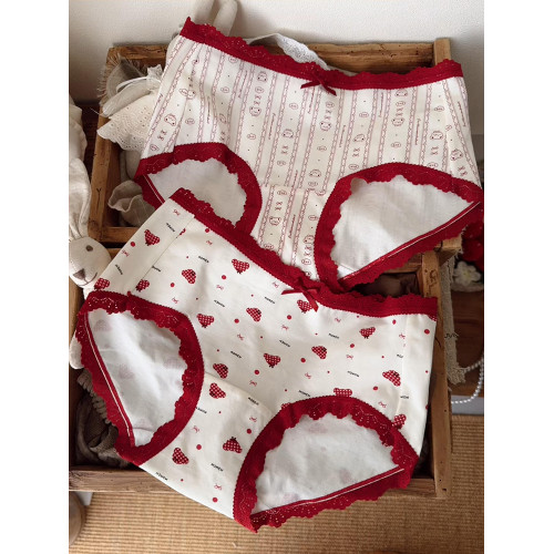 本命年馬年蕾絲邊可愛卡通純棉聖誕紅色內褲新娘結婚加長襠三角褲