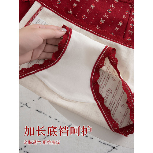 本命年馬年蕾絲邊可愛卡通純棉聖誕紅色內褲新娘結婚加長襠三角褲