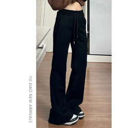 黑色休閒微喇褲女春季新款大碼顯瘦胖mm彈力梨形身材運動喇叭衛褲