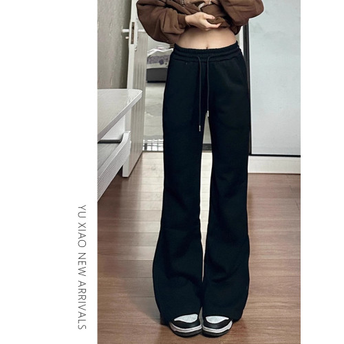 黑色休閒微喇褲女春季新款大碼顯瘦胖mm彈力梨形身材運動喇叭衛褲