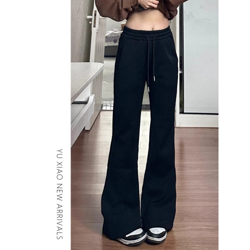 黑色休閒微喇褲女春季新款大碼顯瘦胖mm彈力梨形身材運動喇叭衛褲