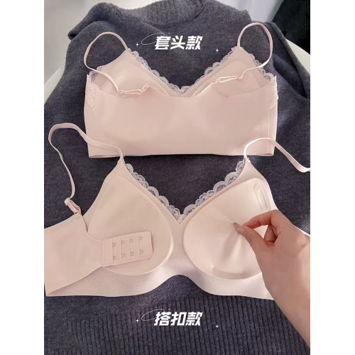 蕾絲內衣女聚攏小胸無痕無鋼圈一體式固定杯細肩帶美背夏薄款文胸