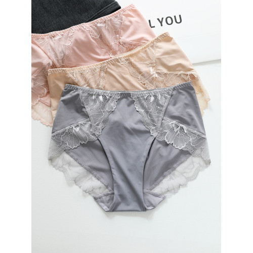 MIRA酒紅色牛奶絲中高腰刺綉蕾絲邊女士包臀內褲純棉襠三角褲大碼