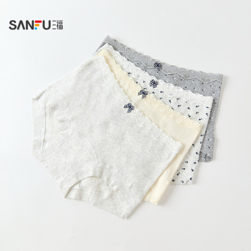 三福女中腰包臀內褲 清新碎花蕾絲腰頭柔軟親膚平角褲女512384
