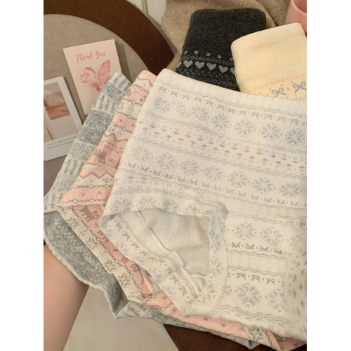 霧織花牋~費爾島高級感女生甜美內褲女士舒適透氣親膚純棉平角褲