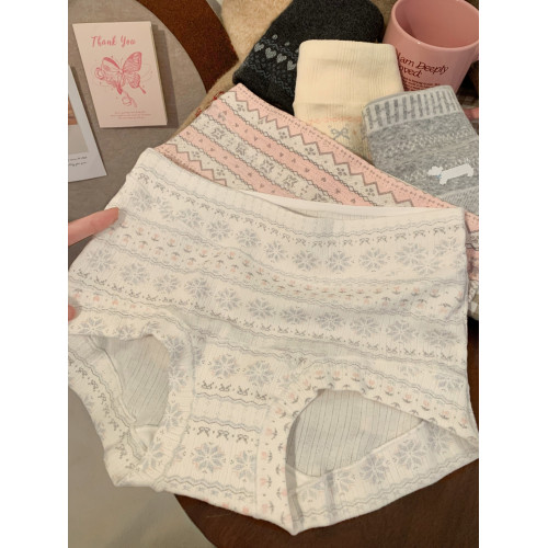 霧織花牋~費爾島高級感女生甜美內褲女士舒適透氣親膚純棉平角褲