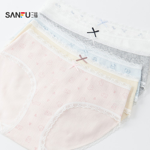 三福女低腰包臀內褲 少女花邊印花柔軟透氣半平角褲女495837