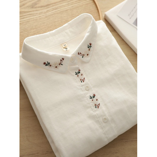 剪標日單出口日系刺綉棉紗襯衫女春季休閒百搭長袖襯衣潮