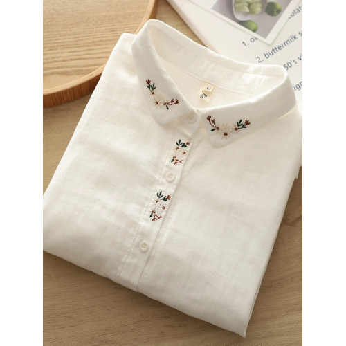 剪標日單出口日系刺綉棉紗襯衫女春季休閒百搭長袖襯衣潮