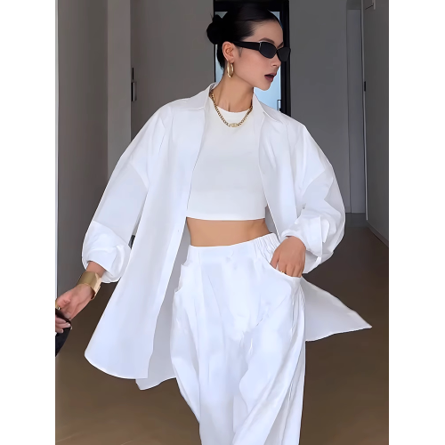 街拍設計感拼接白色防曬襯衫女春季寬鬆休閒百搭中長款襯衣外套薄