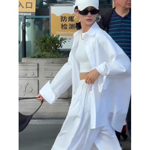 街拍設計感拼接白色防曬襯衫女春季寬鬆休閒百搭中長款襯衣外套薄