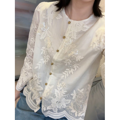 蕾絲刺綉長袖襯衫女襯衣春季新款2025爆款漂亮小衫減齡氣質上衣