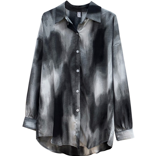 慵懶風寬鬆水墨印花長袖襯衫女春法式氣質設計感小衆外搭曡穿上衣