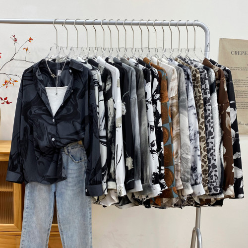 慵懶風寬鬆水墨印花長袖襯衫女春法式氣質設計感小衆外搭曡穿上衣