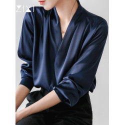 通勤襯衫女2026春季新款職業垂感v領長袖緞面襯衣OL正裝面試上衣