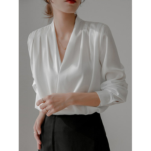 通勤襯衫女2026春季新款職業垂感v領長袖緞面襯衣OL正裝面試上衣