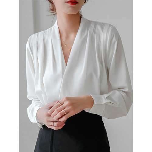 通勤襯衫女2026春季新款職業垂感v領長袖緞面襯衣OL正裝面試上衣
