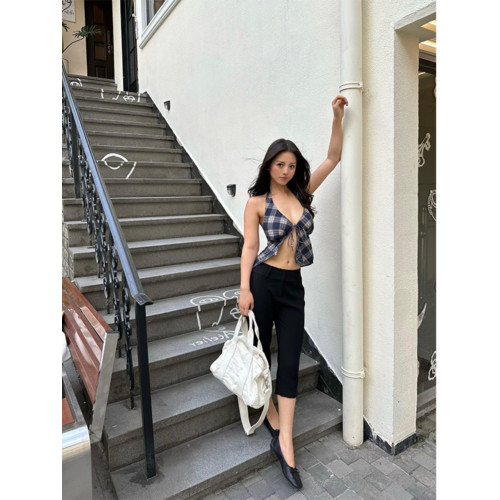 Turn up/陳腿兒 美式辣妹綁帶掛脖背心女夏格紋印花露背鏤空上衣