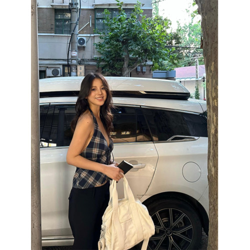 Turn up/陳腿兒 美式辣妹綁帶掛脖背心女夏格紋印花露背鏤空上衣