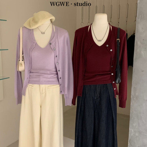 十三行“紫色心動”掛脖內搭針織背心針織開衫套裝兩件套女秋