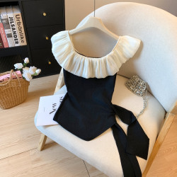 專櫃撤廻剪標荷葉邊綁帶冰絲針織T恤女夏季新款氣質露肩短款上衣