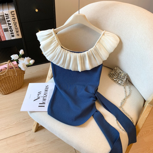 專櫃撤廻剪標荷葉邊綁帶冰絲針織T恤女夏季新款氣質露肩短款上衣