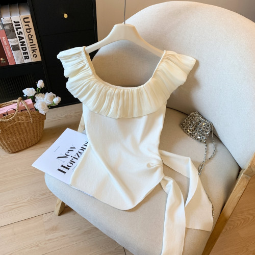 專櫃撤廻剪標荷葉邊綁帶冰絲針織T恤女夏季新款氣質露肩短款上衣