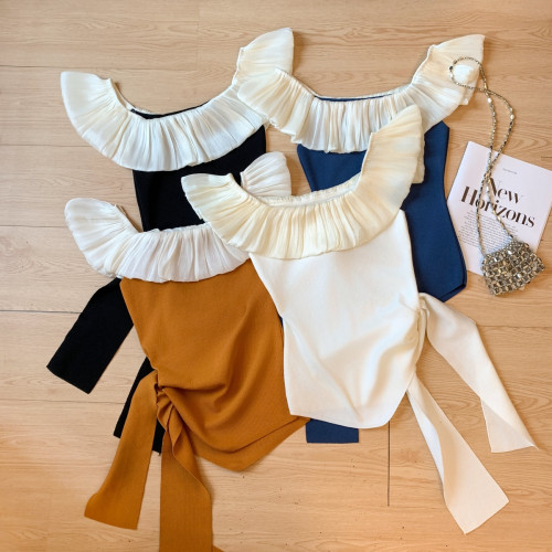 專櫃撤廻剪標荷葉邊綁帶冰絲針織T恤女夏季新款氣質露肩短款上衣