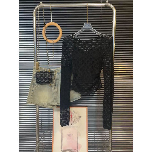 ins風小衆圓領性感微透蕾絲衫女2025新款長袖性感修身內搭打底衫