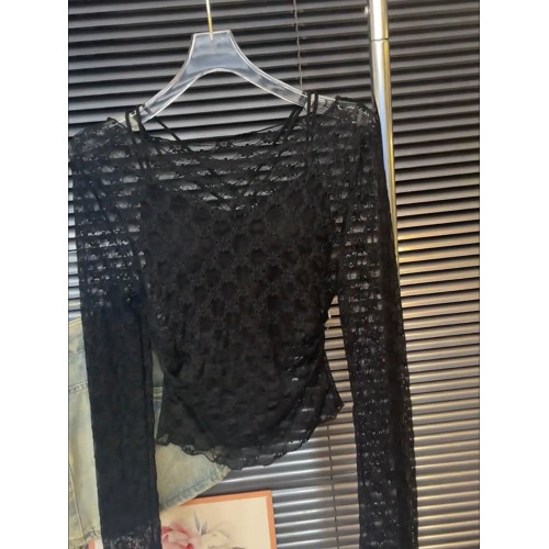 ins風小衆圓領性感微透蕾絲衫女2025新款長袖性感修身內搭打底衫