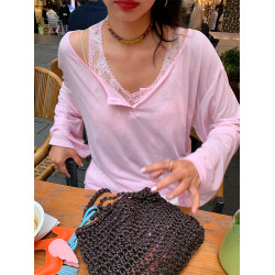 落落狷介粉色薄款長袖上衣罩衫女2025新款設計感兩件套蕾絲防曬衣