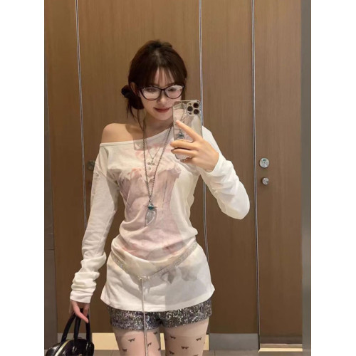 美式復古創意印花微透長袖t恤女夏季修身小個子防曬罩衫顯瘦上衣